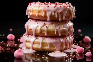 a stack of three donuts with pink frosting and sprinkles generative ai photo