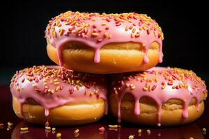 a stack of three donuts with pink frosting and sprinkles generative ai photo