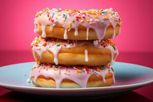 a stack of three donuts with frosting and sprinkles generative ai photo