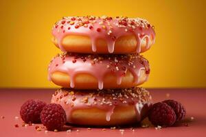 a stack of three donuts with raspberries on top generative ai photo