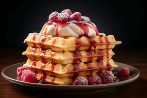 a stack of waffles topped with whipped cream and raspberries generative ai photo