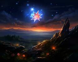 a star in the sky over a mountain with flowers and rocks generative ai photo