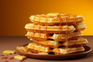 a stack of waffles on a plate with syrup generative ai photo