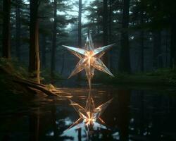 un estrella es reflejado en el agua en un bosque generativo ai foto