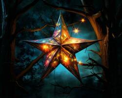 a star shaped paper lantern in the woods at night generative ai photo