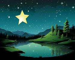 a star shining in the night sky over a lake and mountains generative ai photo