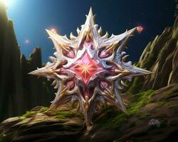 a star shaped object with pink crystals on top of a mountain generative ai photo