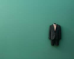 a suit is hanging on a wall in front of a green wall generative ai photo