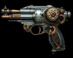 un Steampunk pistola en un negro antecedentes generativo ai foto