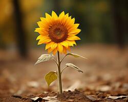 a sunflower growing out of the ground in the middle of a field generative ai photo