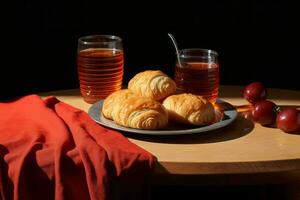 a table with croissants and a glass of juice generative ai photo