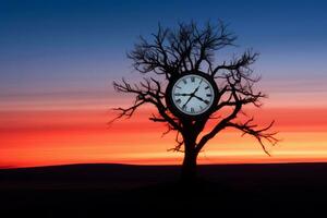 un árbol con un reloj en eso a puesta de sol generativo ai foto