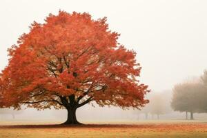 a tree in the middle of a foggy field generative ai photo