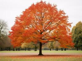 a tree with red leaves in the middle of a park generative ai photo