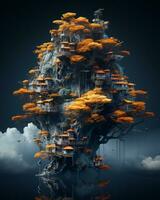 a tree house in the middle of the ocean with orange trees generative ai photo