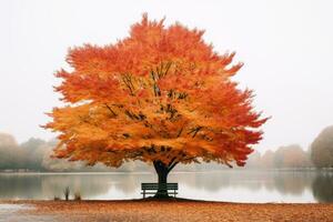 a tree with a bench in front of a lake generative ai photo