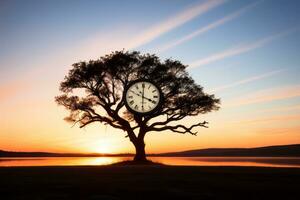 a tree with a clock on it at sunset generative ai photo
