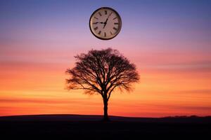 un árbol con un reloj en parte superior de eso a puesta de sol generativo ai foto