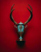 a trophy on a red wall with antlers on it generative ai photo