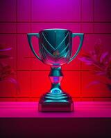 a trophy sits on top of a table in front of plants generative ai photo