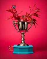 un trofeo con rojo hojas en parte superior de eso generativo ai foto