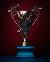 a trophy with leaves on it on a red background generative ai photo