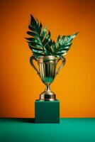 a trophy with a plant on top of it on an orange background generative ai photo