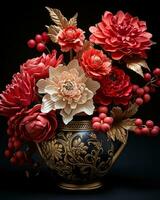 a vase filled with red and gold flowers generative ai photo