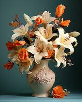 a vase filled with white and orange flowers generative ai photo