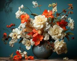 a vase filled with white and orange flowers generative ai photo