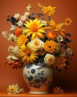 a vase filled with yellow and orange flowers generative ai photo