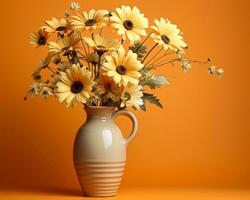 a vase filled with yellow daisies on an orange background generative ai photo