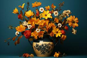 a vase filled with yellow and orange flowers on a blue background generative ai photo