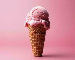 a waffle cone with pink ice cream on a pink background generative ai photo