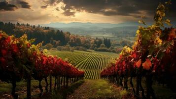 a vineyard field with red and yellow leaves in the fall generative ai photo