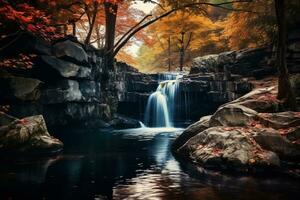 a waterfall in the woods with autumn leaves on the ground generative ai photo