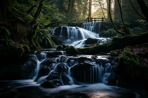a waterfall in the woods surrounded by trees generative ai photo