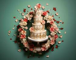 a wedding cake surrounded by flowers on a turquoise background generative ai photo