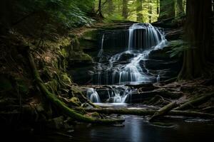 a waterfall in the woods surrounded by trees generative ai photo
