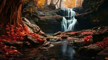 a waterfall surrounded by autumn leaves in a forest generative ai photo