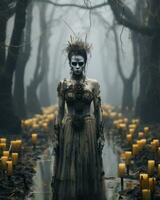 a woman dressed as a ghost stands in the middle of a forest with candles generative ai photo