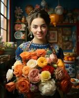 a woman holding a bouquet of flowers in a room generative ai photo