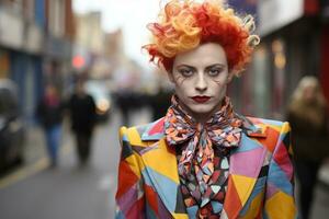 a woman dressed as a clown walks down the street generative ai photo