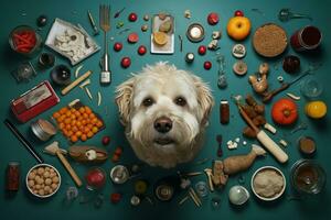 a white dog surrounded by various food items on a blue background generative ai photo