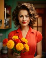 un mujer participación un ramo de flores de flores en un cocina generativo ai foto