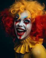 a woman dressed as a clown with bright red hair generative ai photo