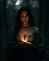 a woman holding a butterfly in the dark forest generative ai photo