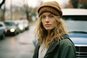 a woman in a beanie standing in front of a car generative ai photo
