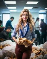 a woman holding a pile of chips in an office generative ai photo