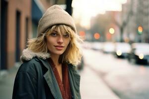 a woman in a beanie standing on a city street generative ai photo